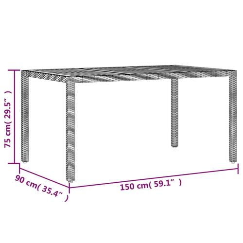 Havebord med akacietop 150x90x75 cm polyrattan grå