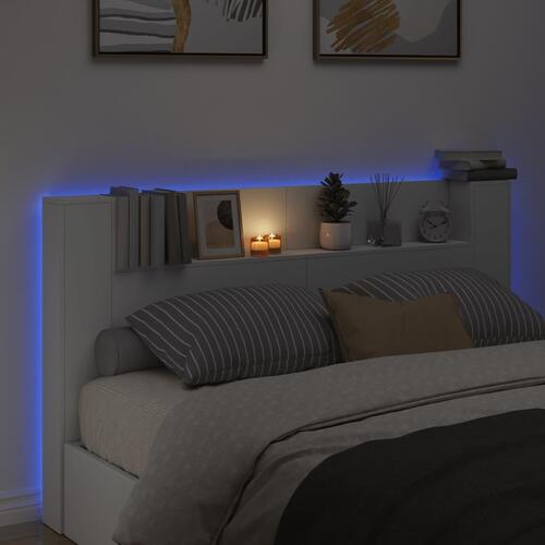 Sengegavl med opbevaring og LED-lys 180x16,5x103,5 cm hvid