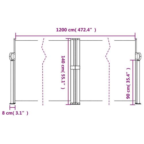 Sidemarkise 140x1200 cm sammenrullelig sort