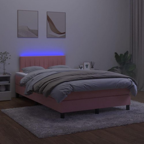 Kontinentalseng med madras og LED-lys 120x190 cm - fløjl, lyserød