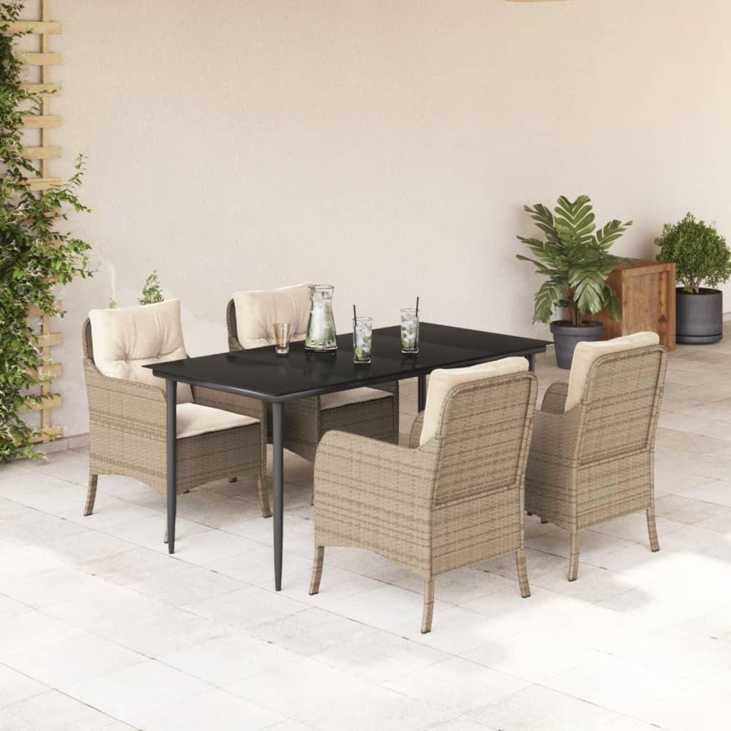 Spisebordssæt til haven 5 dele med hynder polyrattan beige