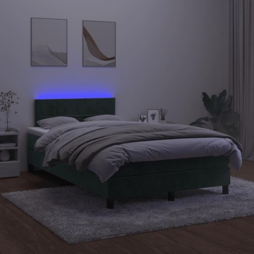 Kontinentalseng med madras og LED-lys 120×190 cm - fløjl, mørkegrøn