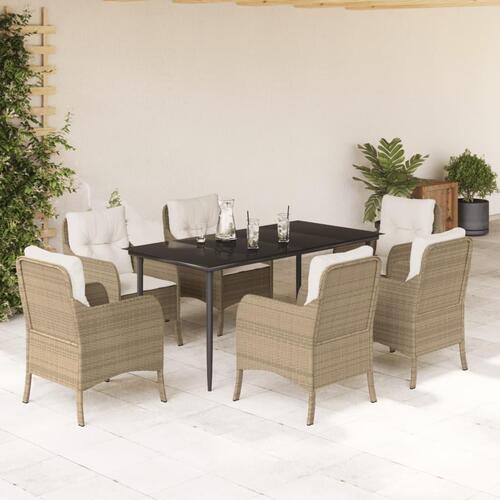Spisebordssæt til haven 7 dele med hynder polyrattan beige