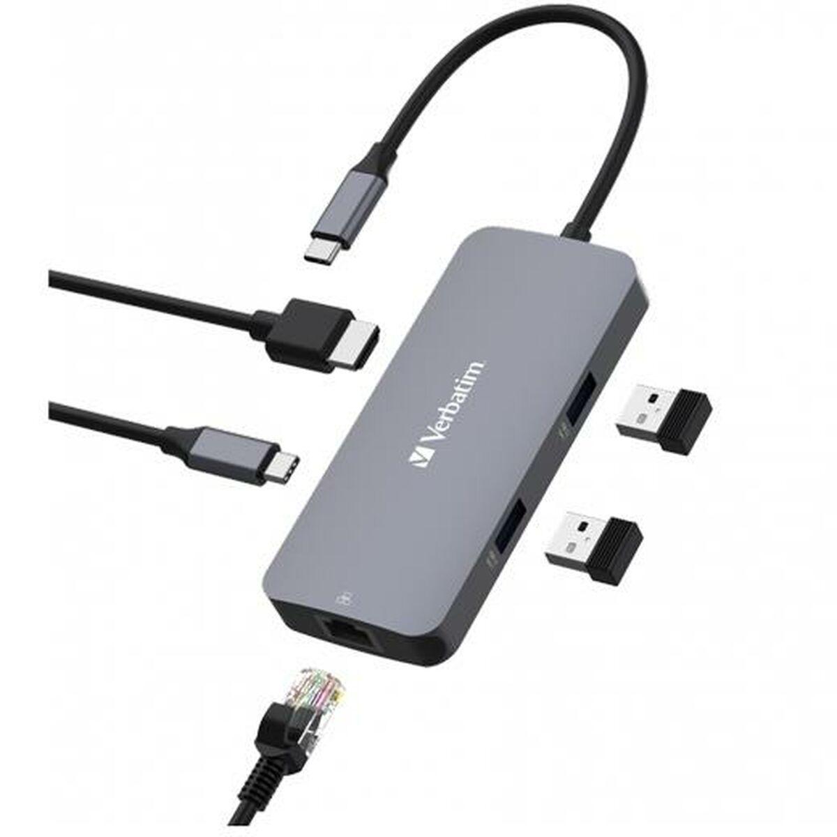 Verbatim Pro USB‑hub - Sølvfarvet, HDMI, USB‑A, USB‑C, RJ45