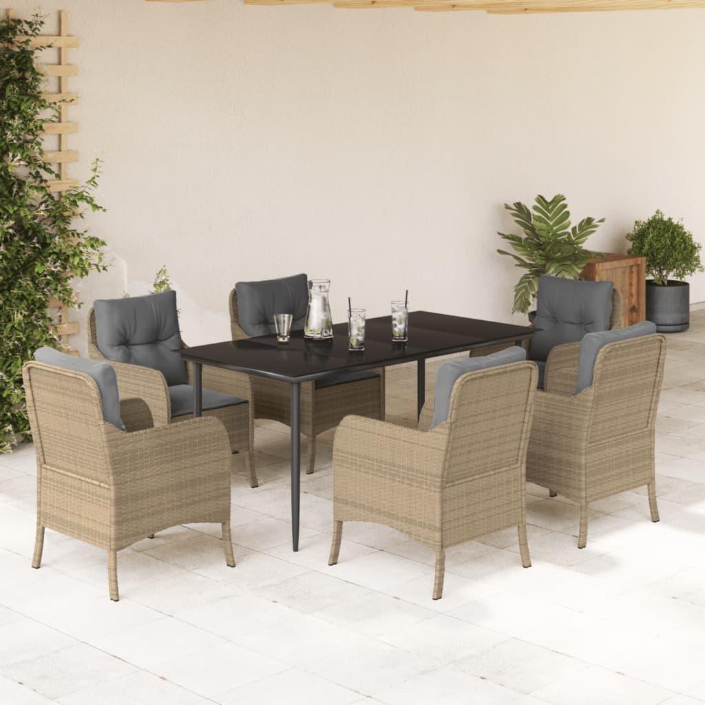 Spisebordssæt til haven 7 dele med hynder polyrattan beige