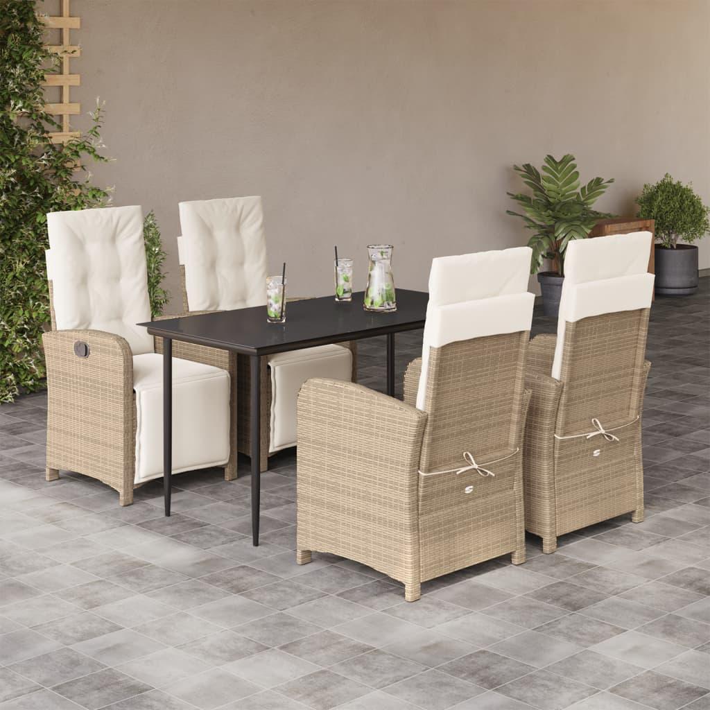 Spisebordssæt til haven 5 dele med hynder polyrattan beige