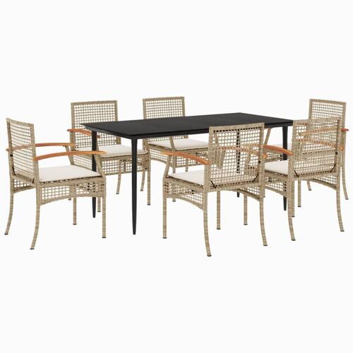 Spisebordssæt til haven 7 dele med hynder polyrattan beige