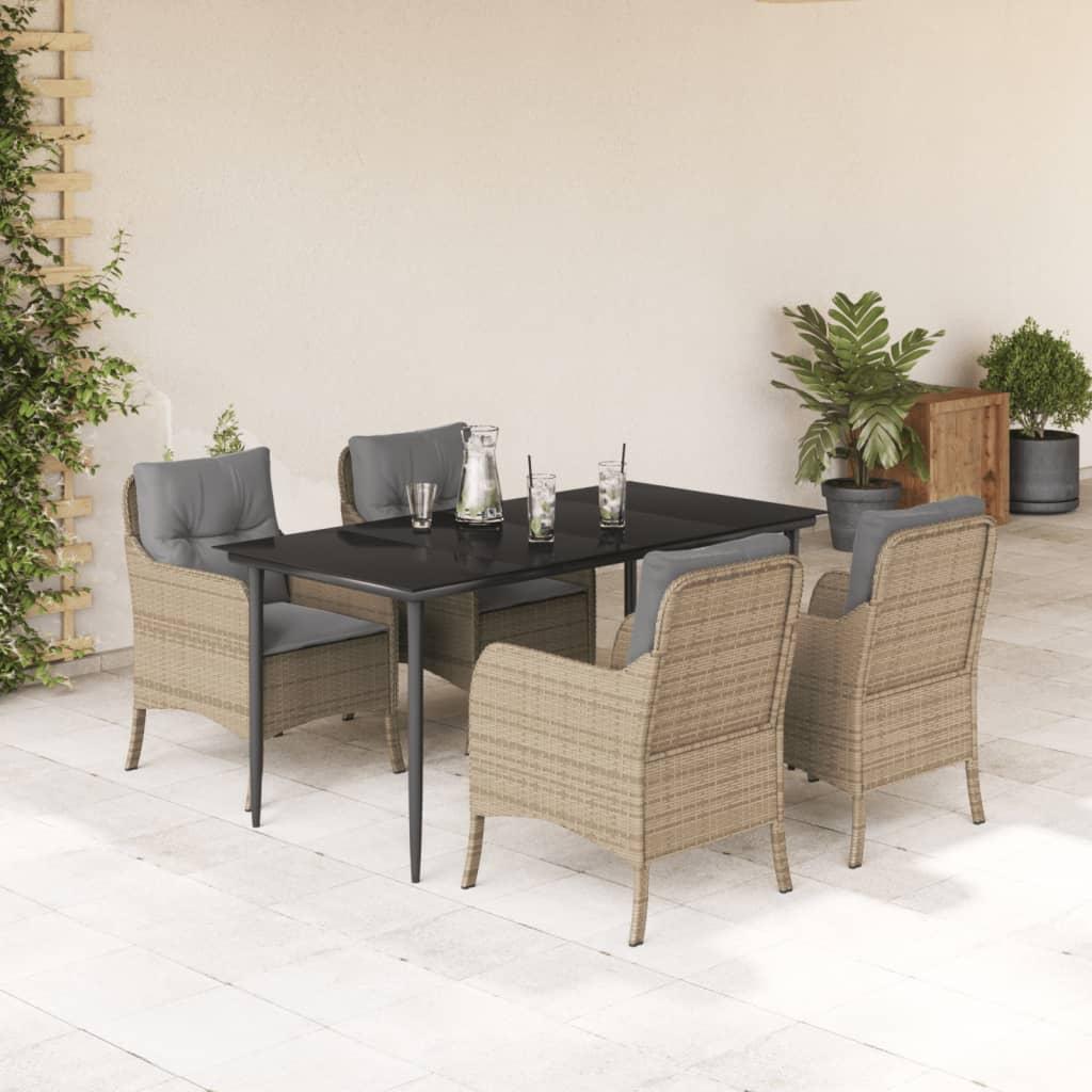 Spisebordssæt til haven 5 dele med hynder polyrattan beige