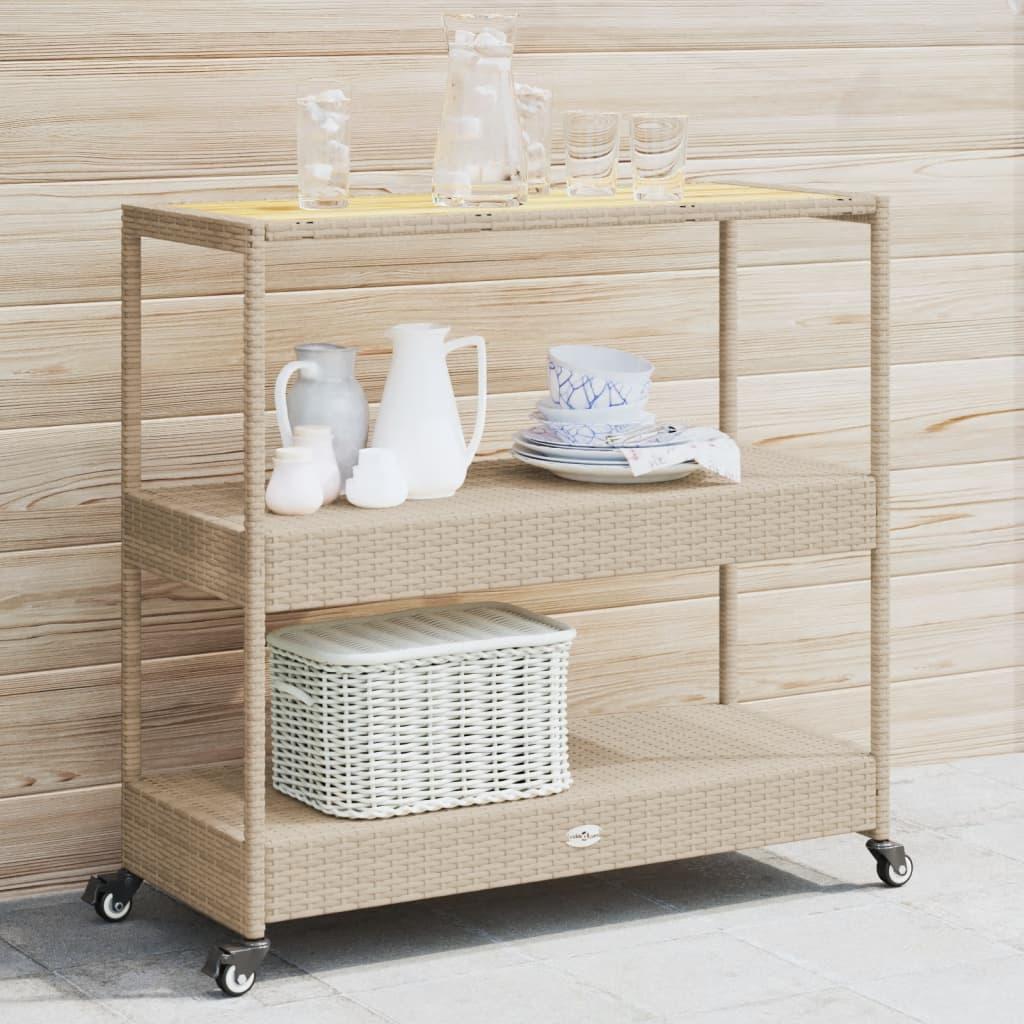 Barvogn med 3 hylder polyrattan og massivt akacietræ beige