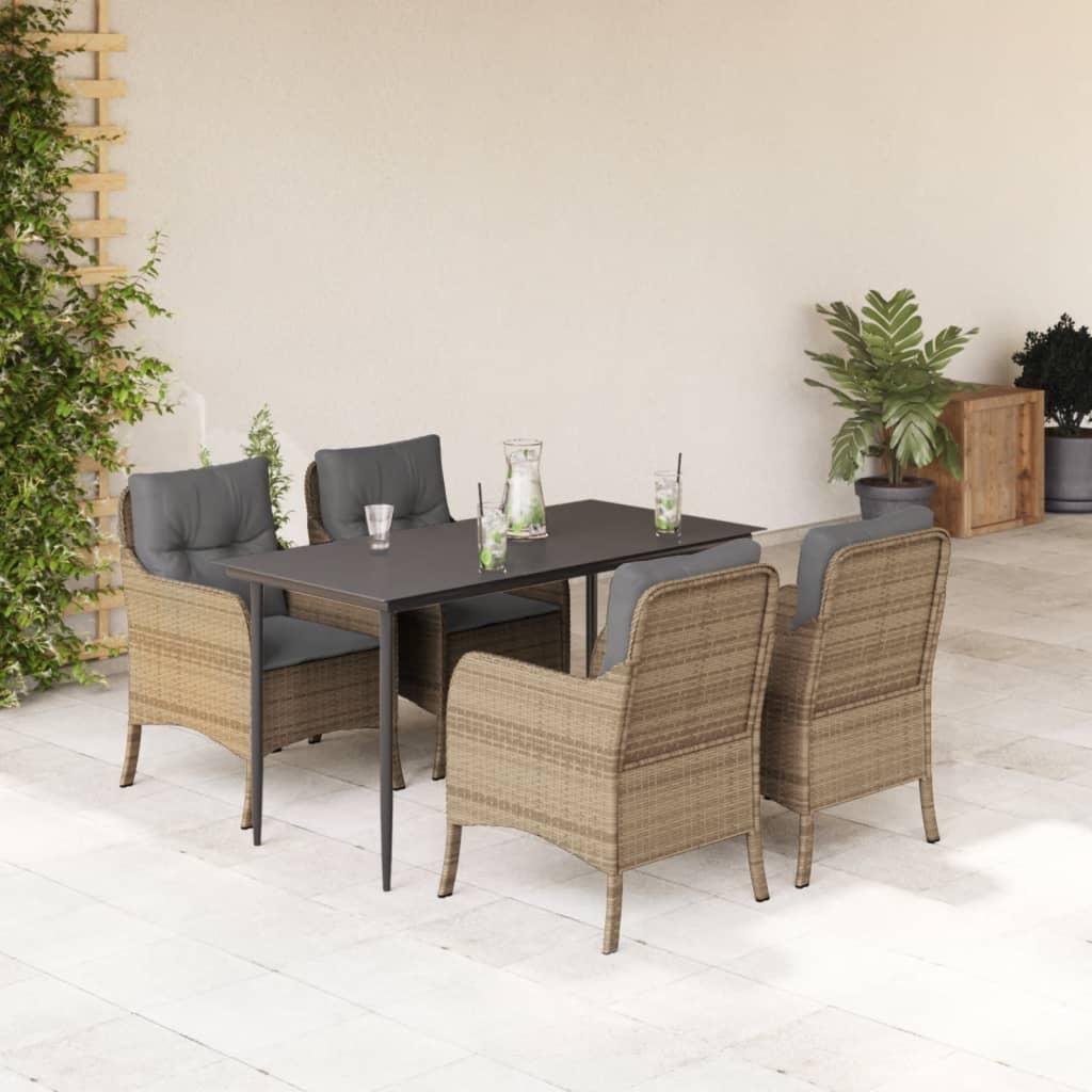 Spisebordssæt til haven 5 dele med hynder polyrattan beige