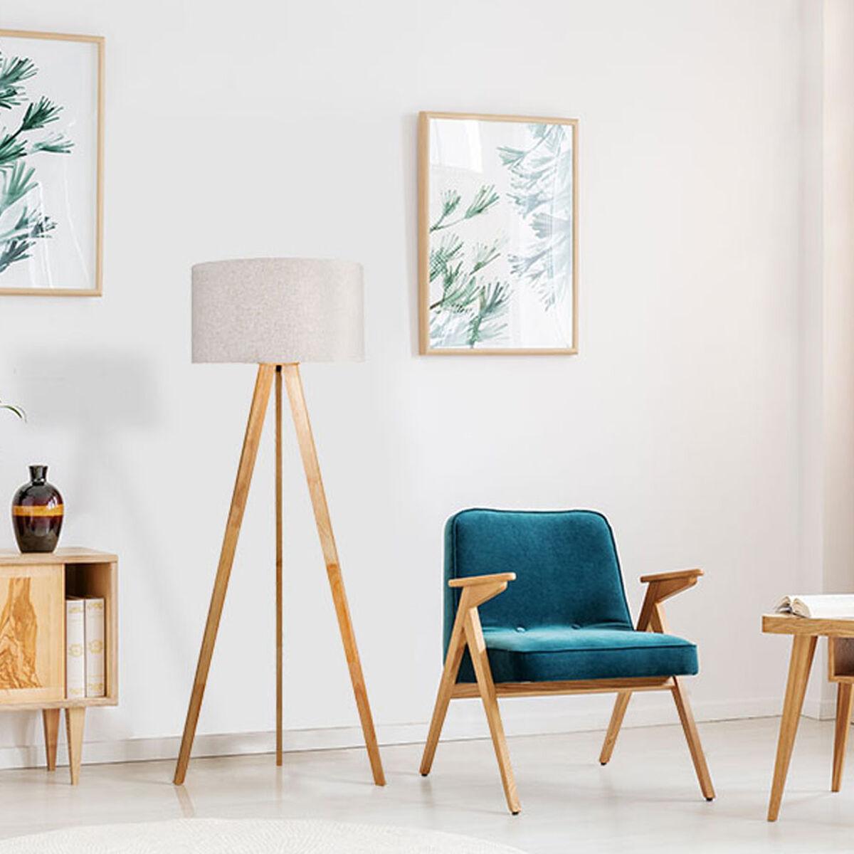 EDM Product gulvlampe 32159 - træstativ, beige skærm, E27, 50 × 150 cm