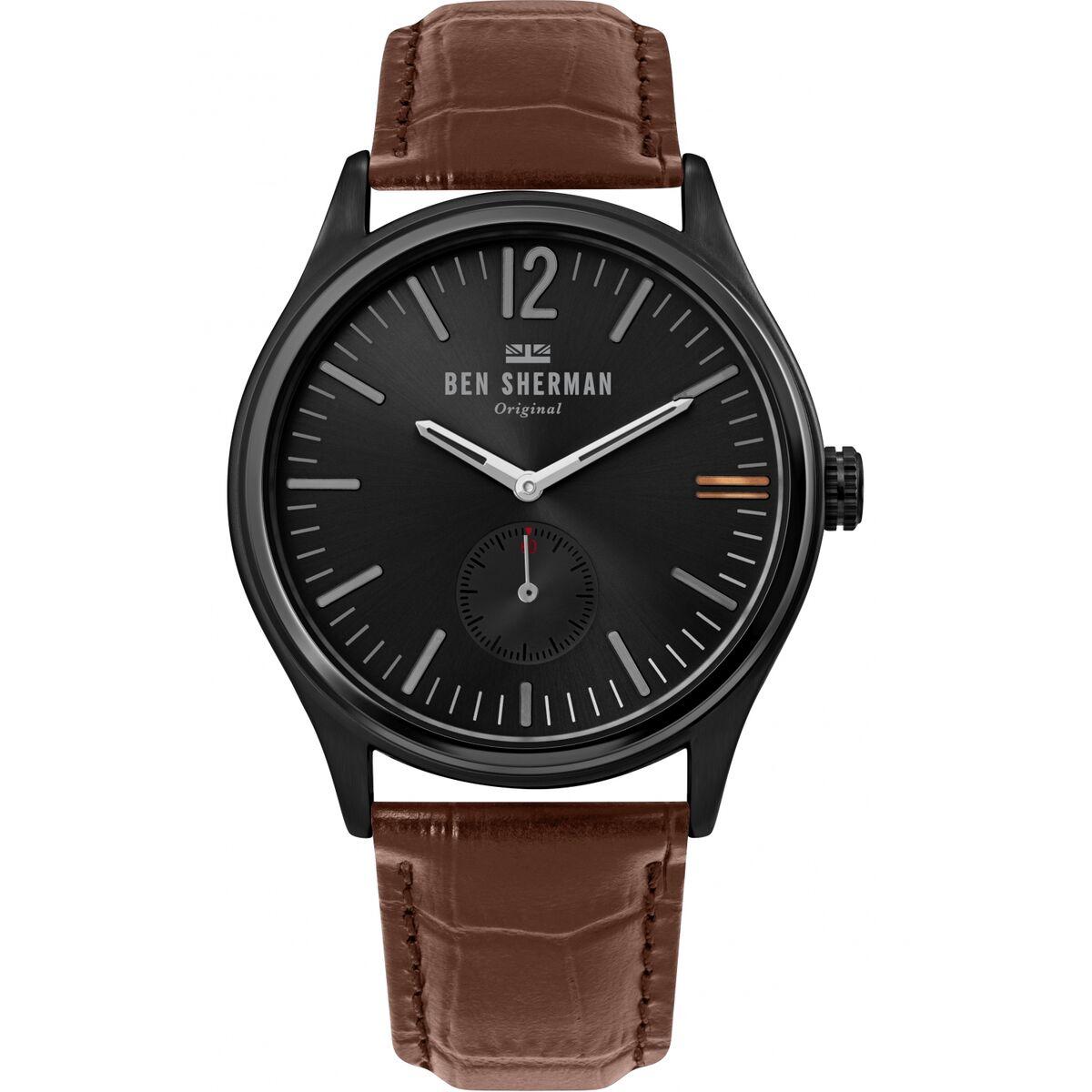 Ben Sherman herreur WB035T - sort urskive, brun læderrem, Ø 43 mm