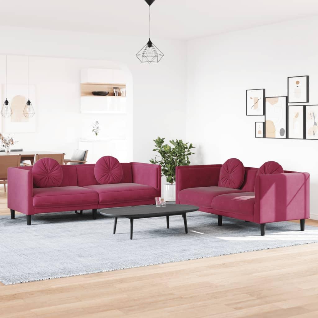 2 personers sofa med puder velour vinrød