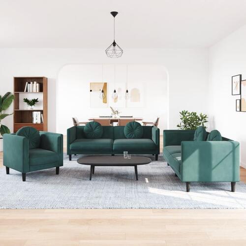 3 personers sofa med puder velour mørkegrøn