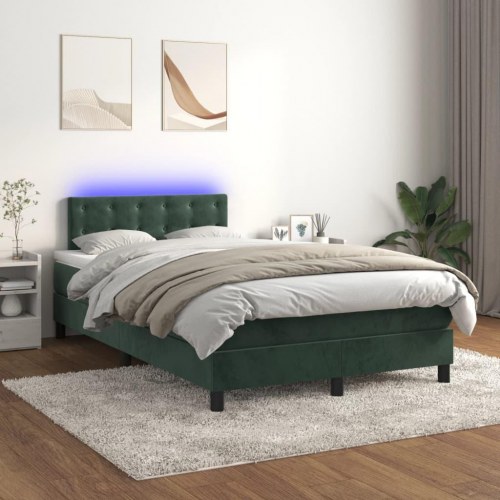 Kontinentalseng med madras og LED-lys 120×190 cm - fløjl, mørkegrøn