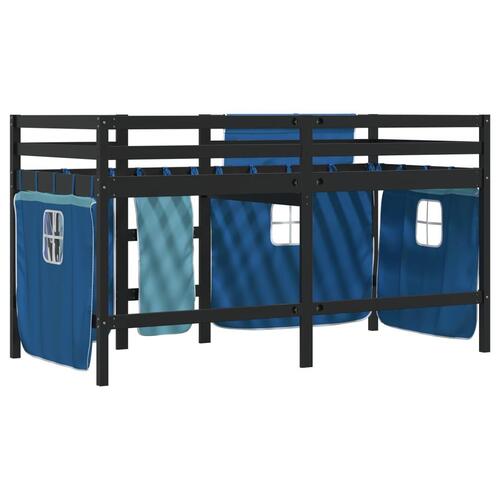 Højseng med gardiner 90x200 cm massivt fyrretræ blå