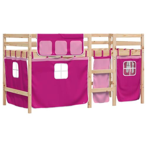 Højseng med gardiner 80x200 cm massivt fyrretræ pink