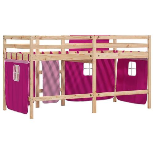 Højseng med gardiner 80x200 cm massivt fyrretræ pink