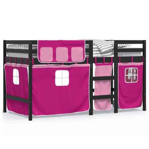 Højseng med gardiner 90x200 cm massivt fyrretræ pink