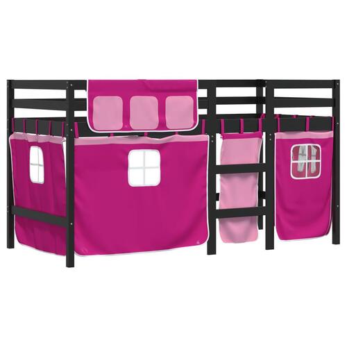 Højseng med gardiner 90x200 cm massivt fyrretræ pink