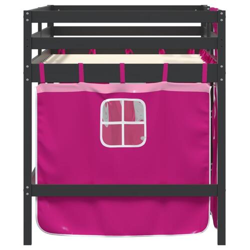Højseng med gardiner 90x200 cm massivt fyrretræ pink