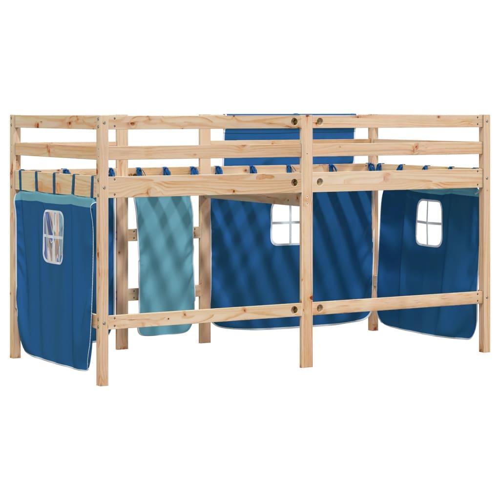 Højseng med gardiner 90x190 cm massivt fyrretræ blå