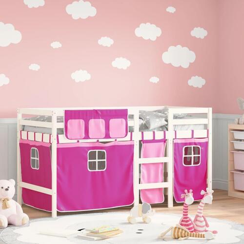 Højseng med gardiner 90x190 cm massivt fyrretræ pink