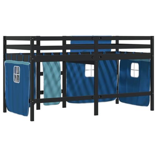 Højseng med gardiner 90x190 cm massivt fyrretræ blå