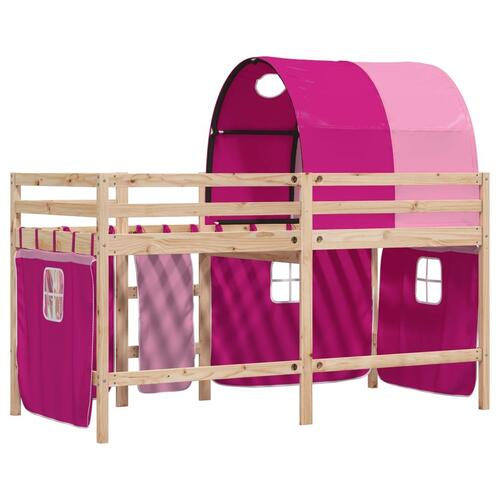 Højseng med tunnel 90x200 cm massivt fyrretræ pink