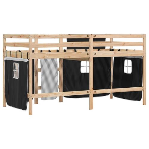 Højseng med gardiner 80x200 cm massivt fyrretræ hvid og sort