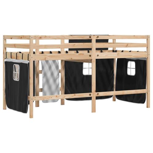 Højseng med gardiner 90x200 cm massivt fyrretræ hvid og sort