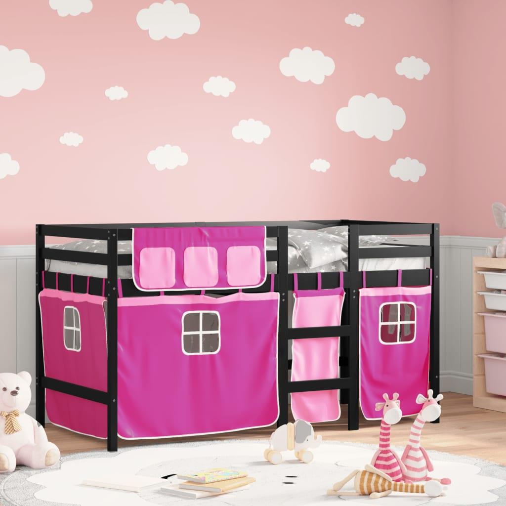 Højseng med gardiner 90x190 cm massivt fyrretræ pink