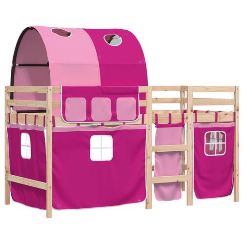 Højseng med tunnel 90x190 cm massivt fyrretræ pink