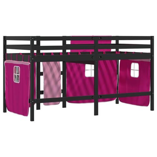 Højseng med gardiner 80x200 cm massivt fyrretræ pink