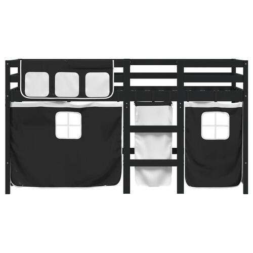 Højseng med gardiner 90x200 cm massivt fyrretræ hvid og sort