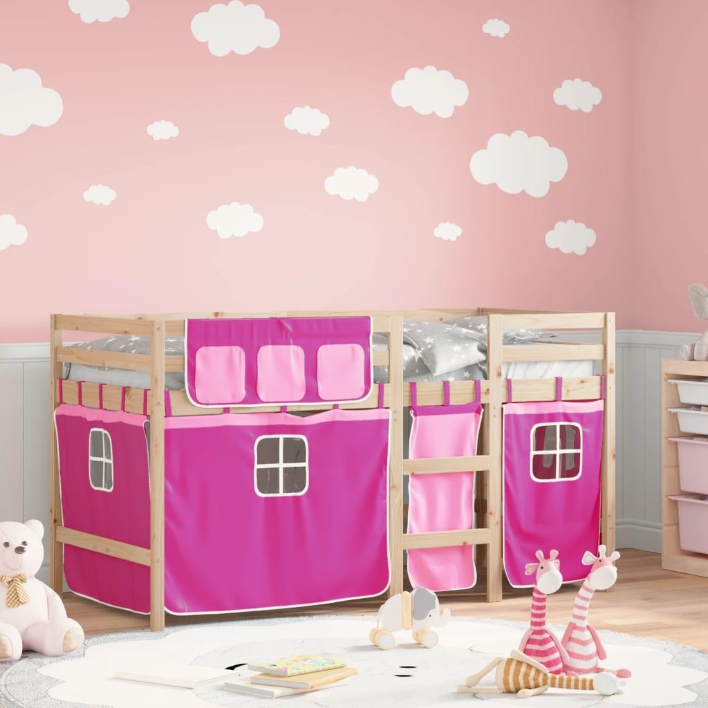 Højseng med gardiner 90x190 cm massivt fyrretræ pink