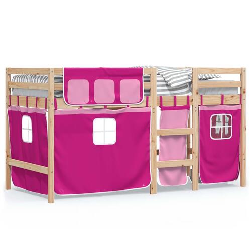 Højseng med gardiner 90x190 cm massivt fyrretræ pink