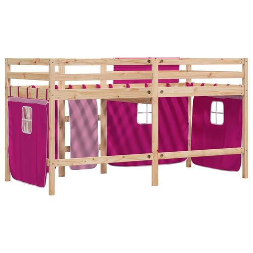 Højseng med gardiner 90x190 cm massivt fyrretræ pink