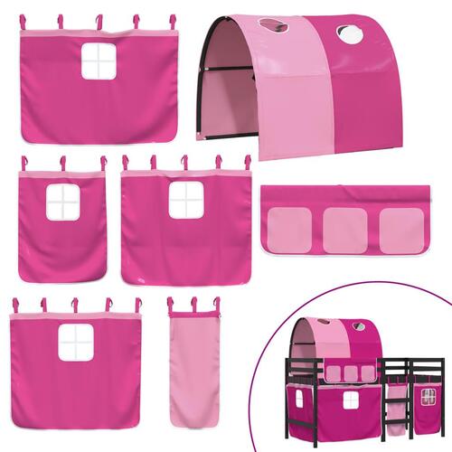 Højseng med tunnel 90x190 cm massivt fyrretræ pink