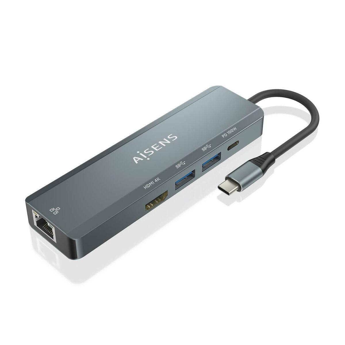 Aisens USB-C hub ASUC-5P011-GR, grå - 7-i-1 med 4K HDMI og Gigabit