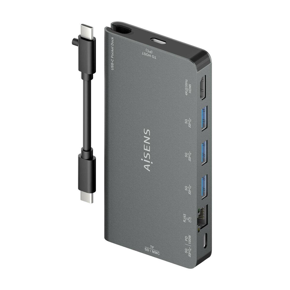 Aisens ASUC-8P015-GR USB-C hub 8-i-1 - Grå