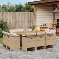 Spisebordssæt til haven 11 dele med hynder polyrattan beige