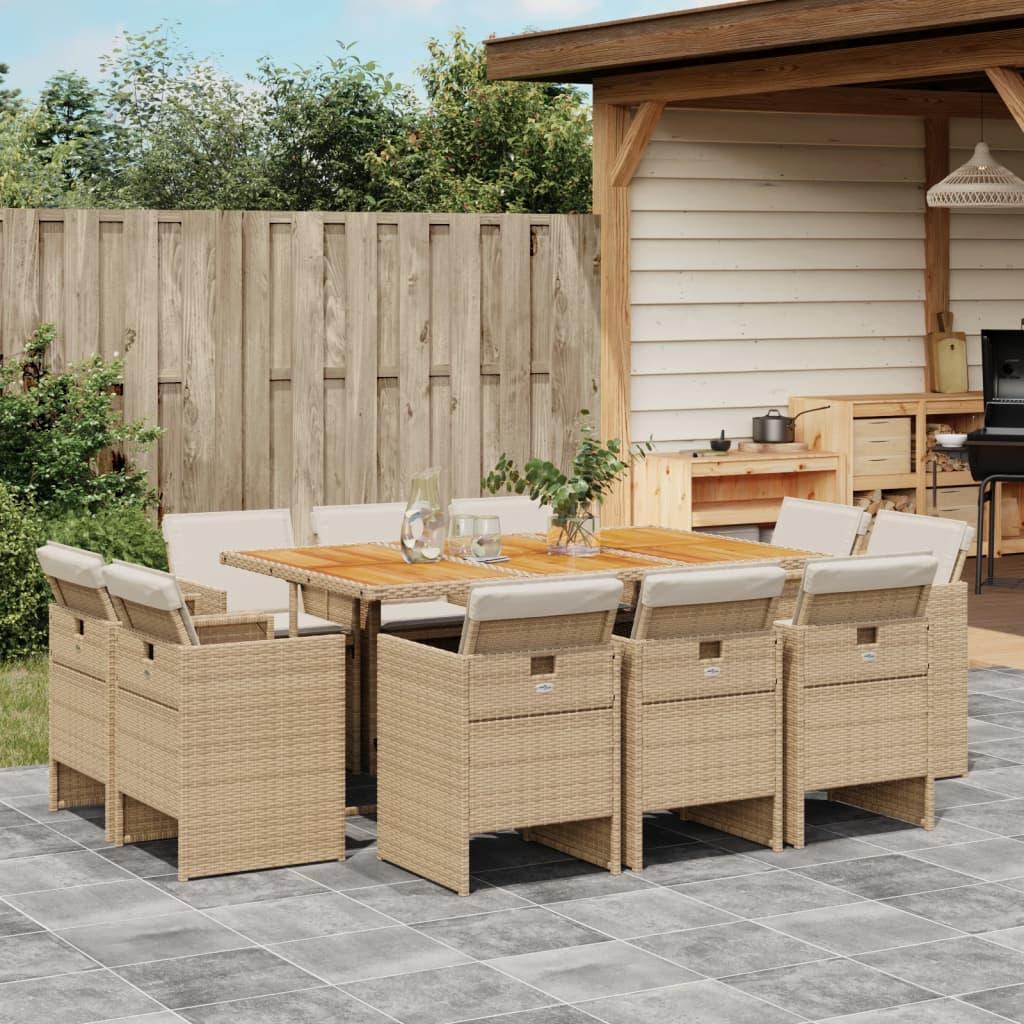 Spisebordssæt til haven 11 dele med hynder polyrattan beige