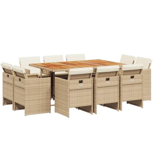 Spisebordssæt til haven 11 dele med hynder polyrattan beige