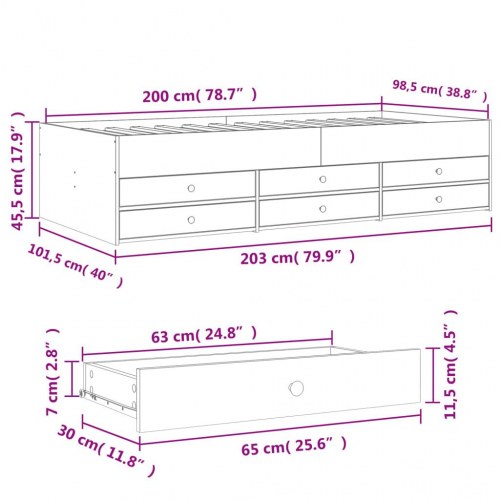 Dagseng med 6 skuffer 100 x 200 cm - brunt egetræ