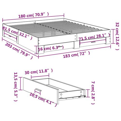 Sengeramme med skuffer 180x200 cm konstrueret træ grå sonoma-eg