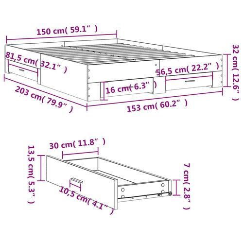 Sengeramme med skuffer 150x200 cm konstrueret træ grå sonoma-eg