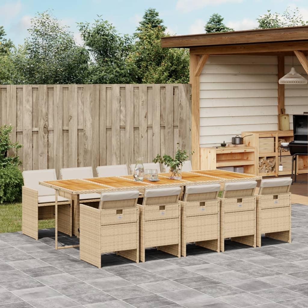 Spisebordssæt til haven 11 dele med hynder polyrattan beige