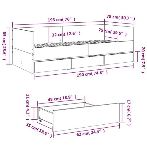 Daybed med skuffer 75x190 cm konstrueret træ røget eg