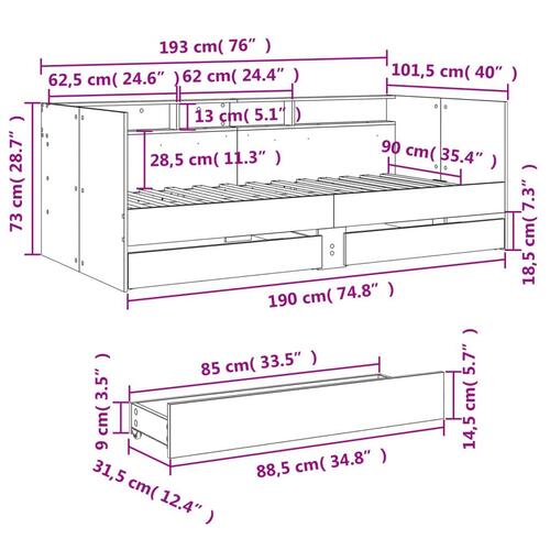 Daybed med skuffer 90x190 cm konstrueret træ røget eg